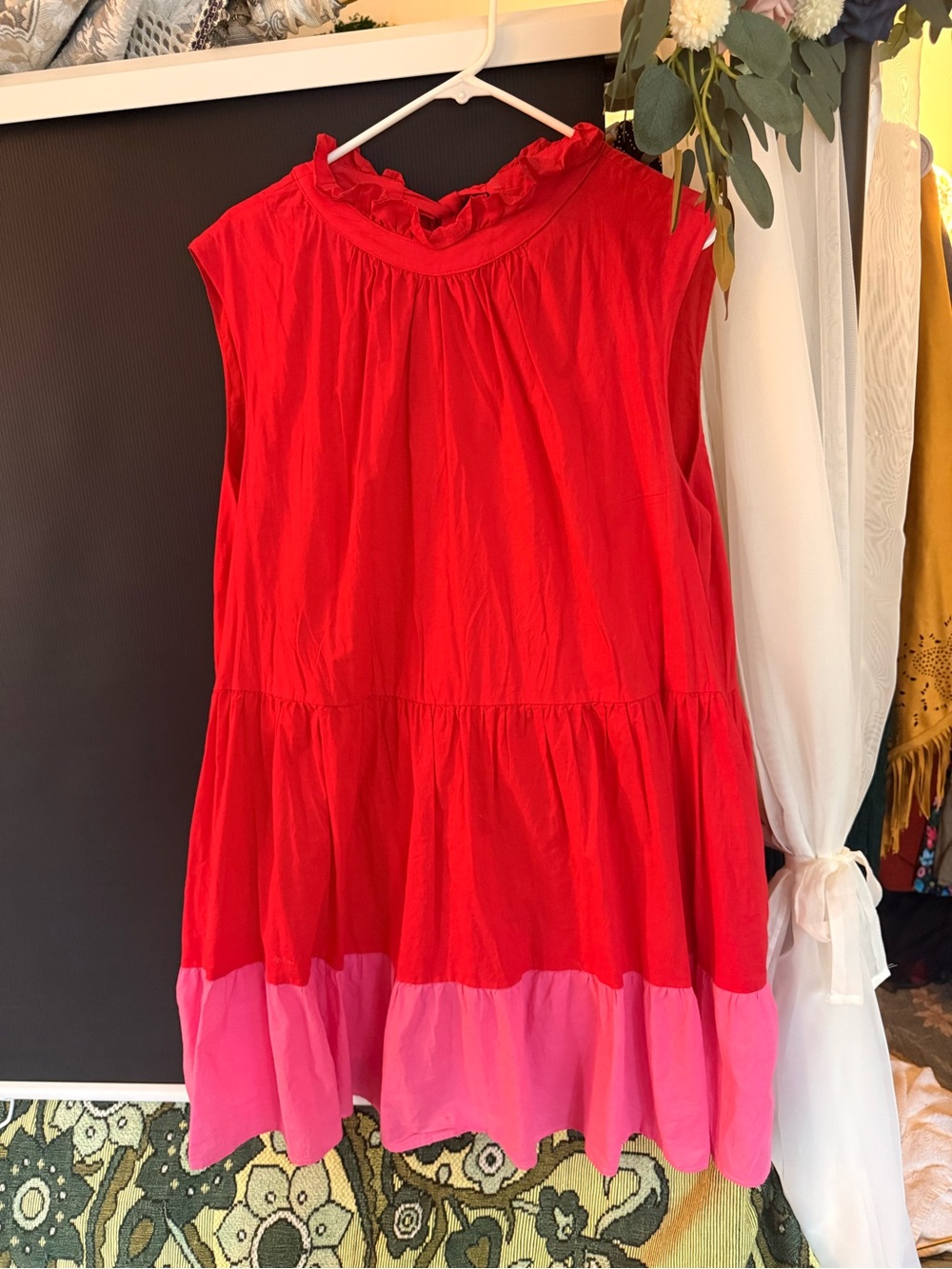 Red and Pink Tiered Ruffle Neck Dress